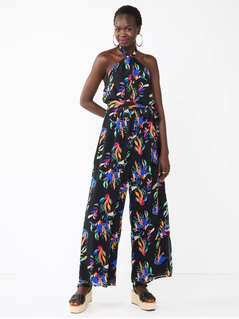 Nine West Black Halter Jumpsuit with Multicolor Leaf Print Size Small